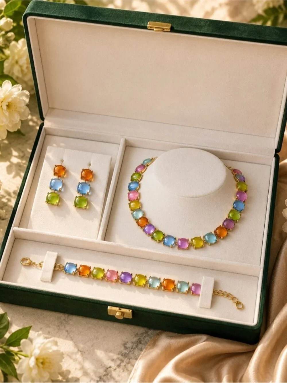 Multicolor Cabochon Necklace, bracelet & Earring Set